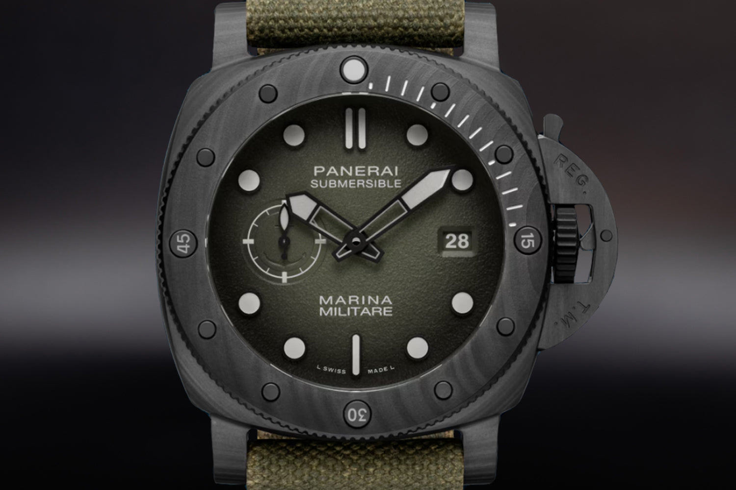 Panerai Submersible Marina Militare Carbotech Green Dial small seconds and date complications PAM01698