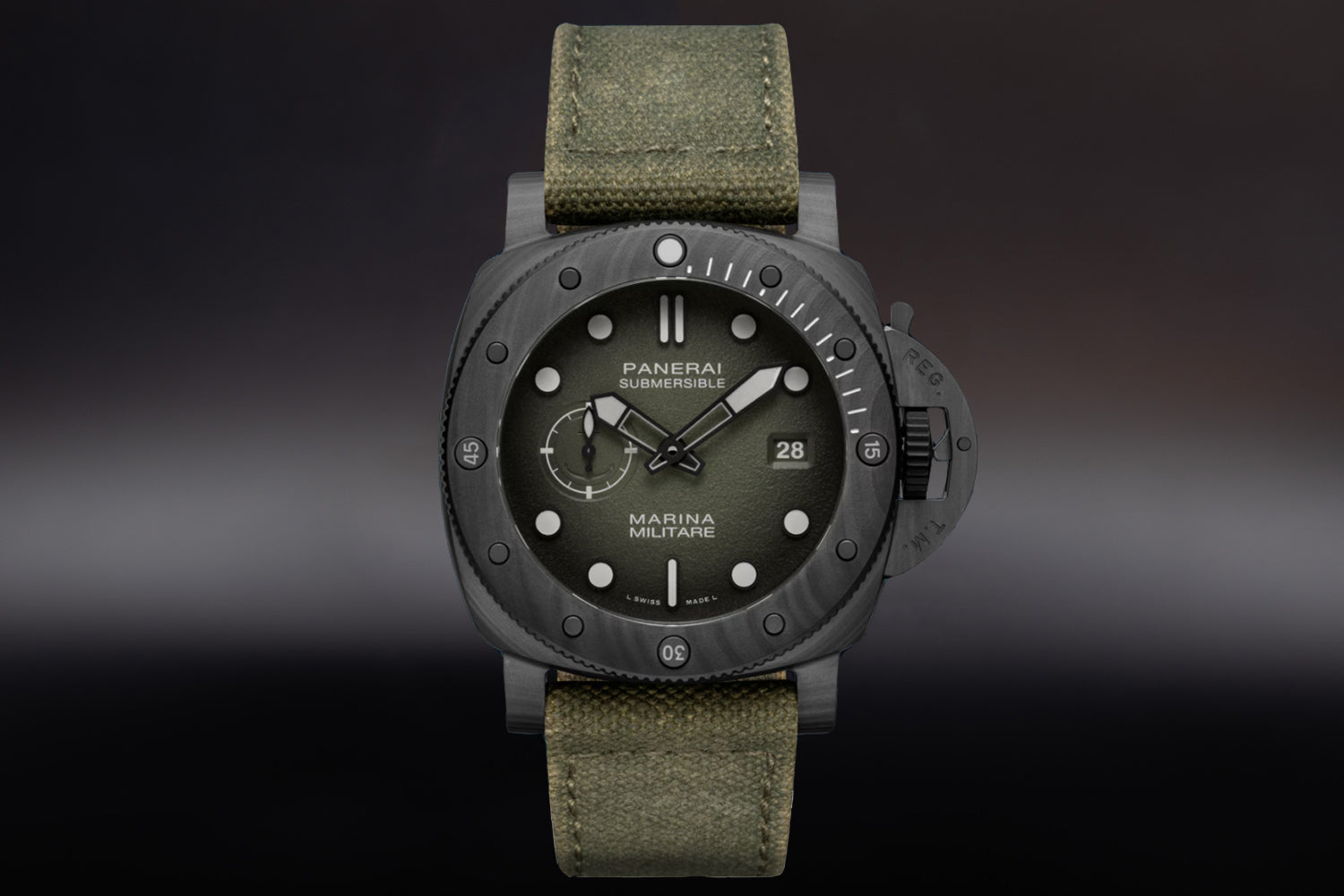 Panerai Submersible Marina Militare Carbotech Green Dial PAM01698 on green fabric strap