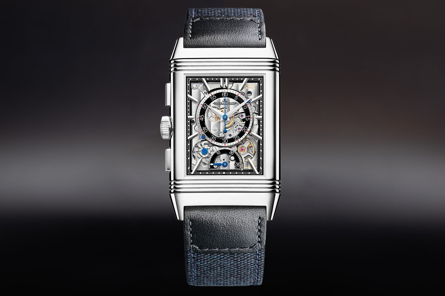 Jaeger-LeCoultre Reverso Tribute Chronograph skeleton Dial Q389848J with fabric strap
