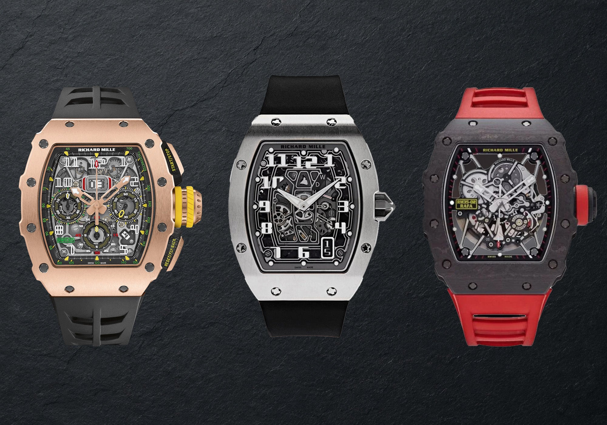 Three Richard Mille watches including RM 11, RM 67 extra flat, and RM 35 Rafael Nadal