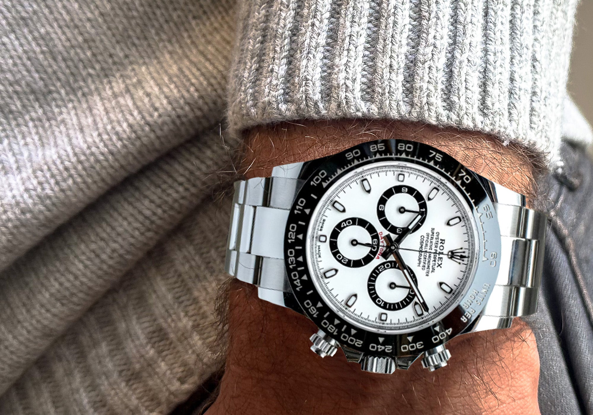 Rolex Daytona Panda on wrist of man 