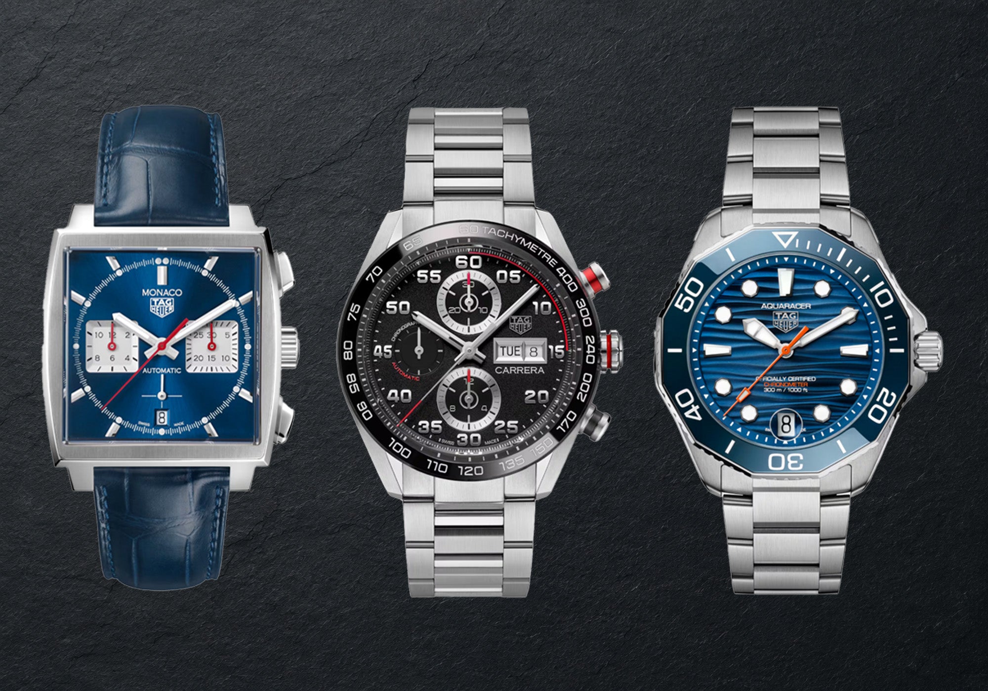 Trio of popular TAG Heuer watches including Monaco, Carrera Chronograph, and Aquaracer
