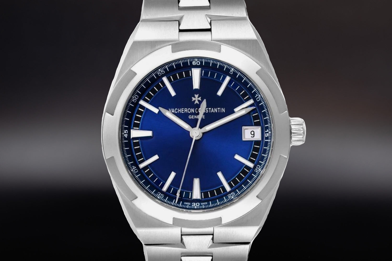 Vacheron Constantin Overseas luxury sports watch with blue dial and stainless steel bracelet