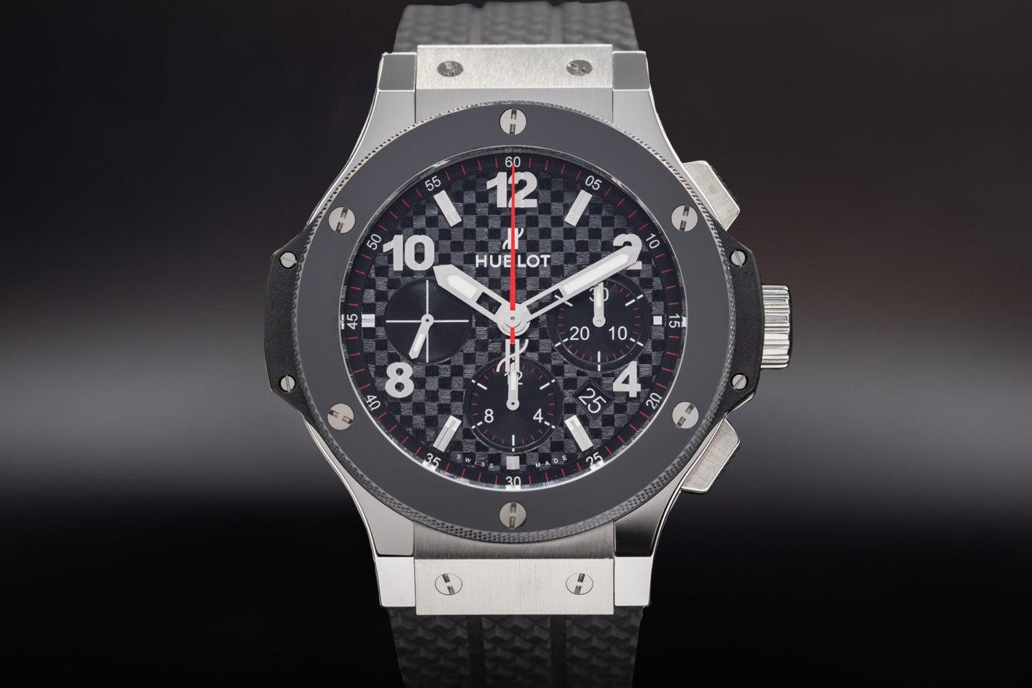 Hublot Big Bang luxury sports watch with black dial and rubber strap