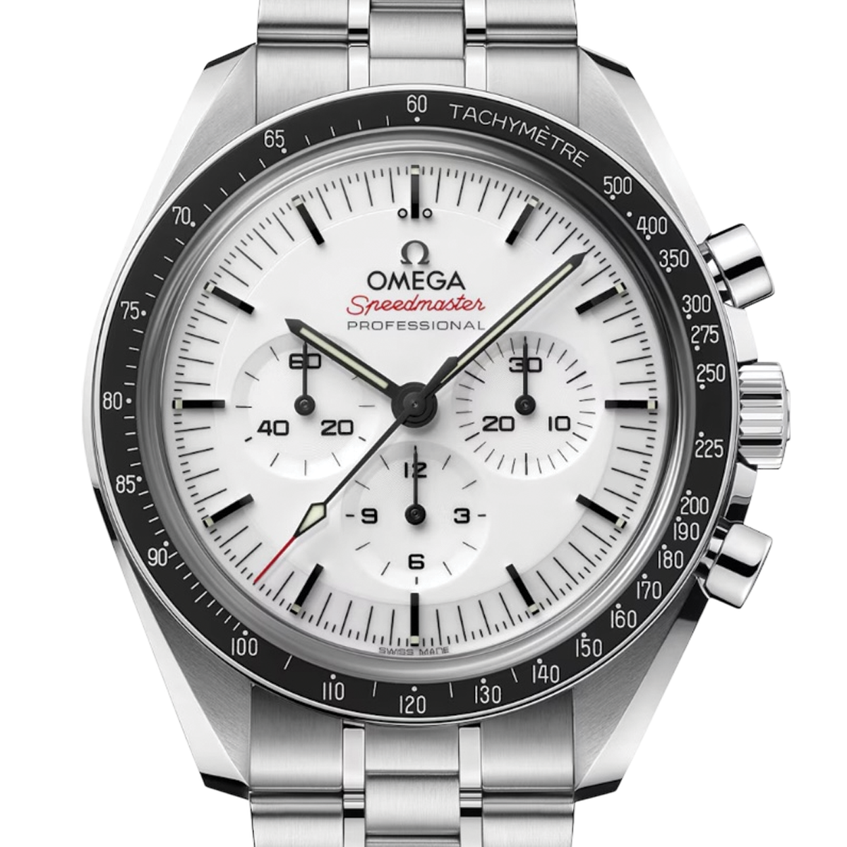 Omega Speedmaster Professional chronograph watch with white dial and stainless steel bracelet