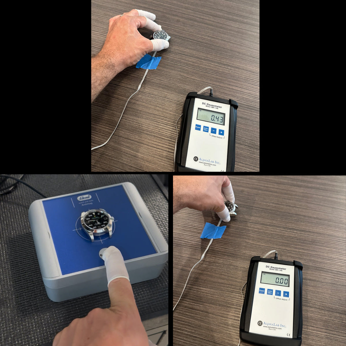 luxury watch functionality and diagnostic check ensuring the case and movement to be free of magnetism using a gaussmeter and demagnetizer.
