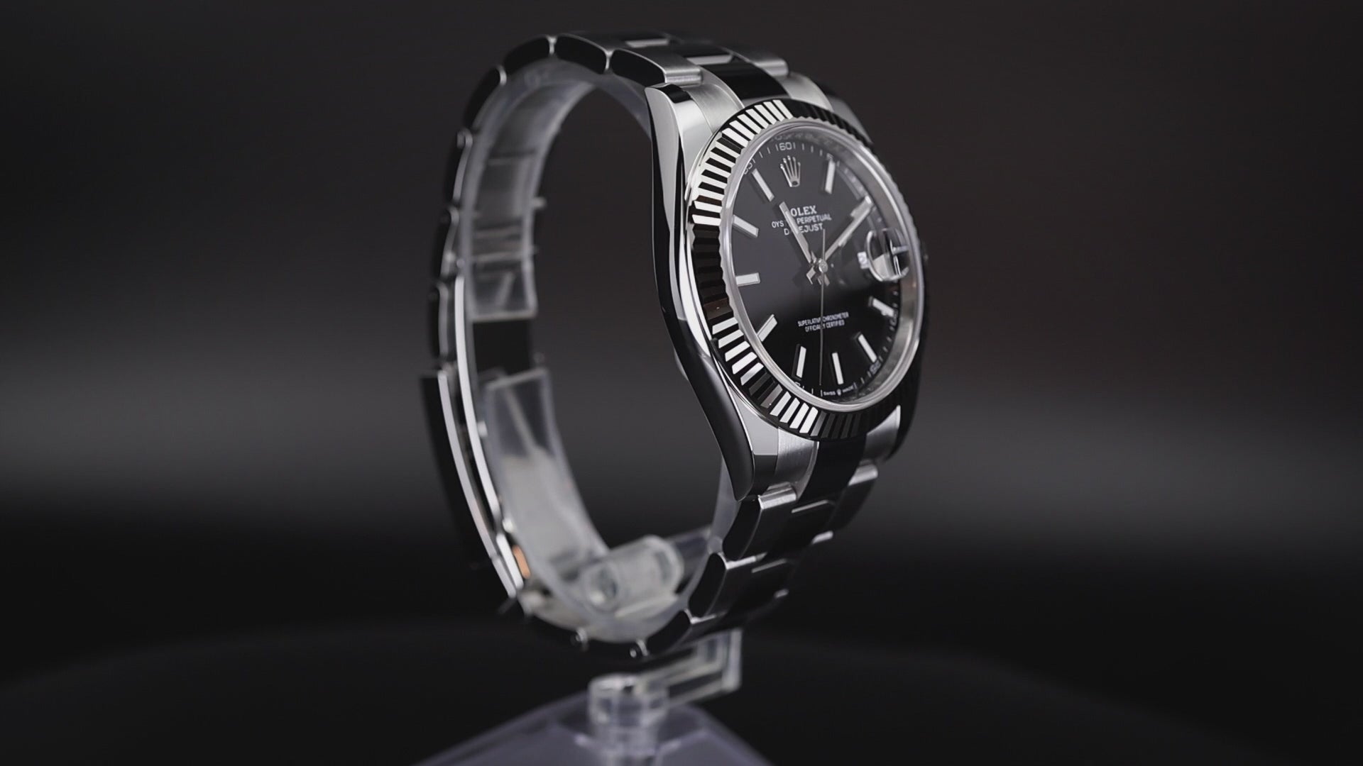 360 video of Rolex Datejust 41 126334 with fluted bezel, black dial, and stainless steel oyster bracelet