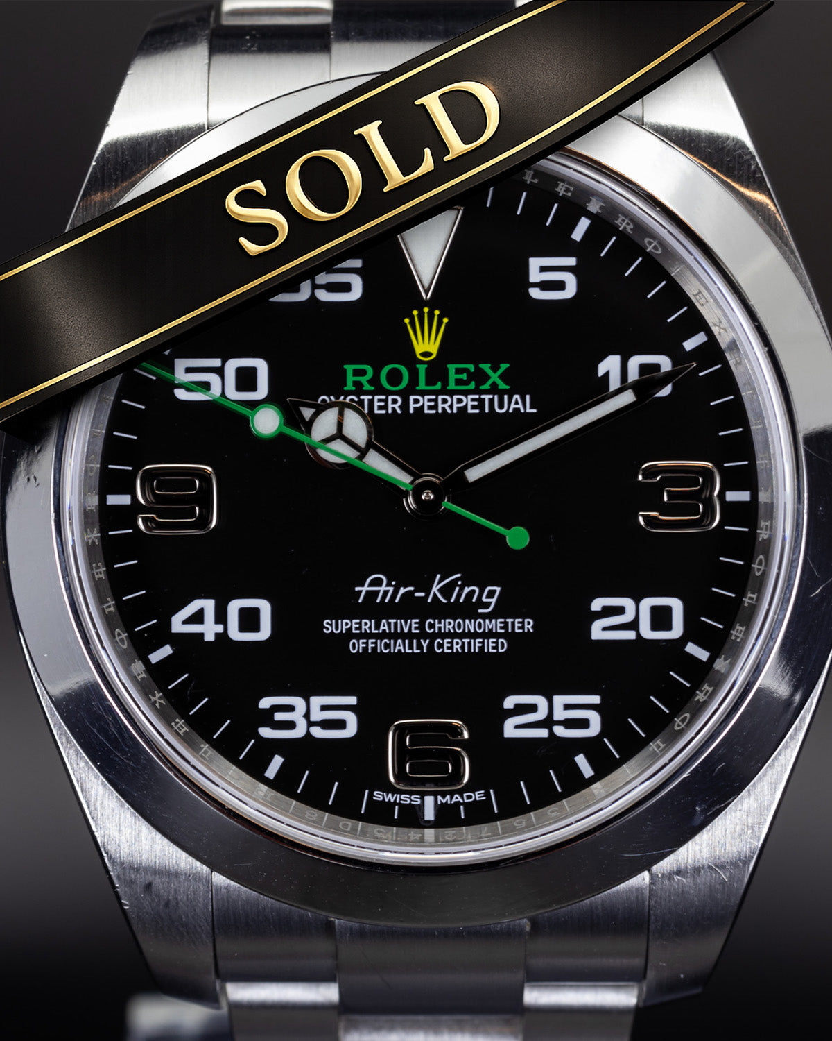 Rolex Air-King watch with a 'SOLD' banner on a black background
