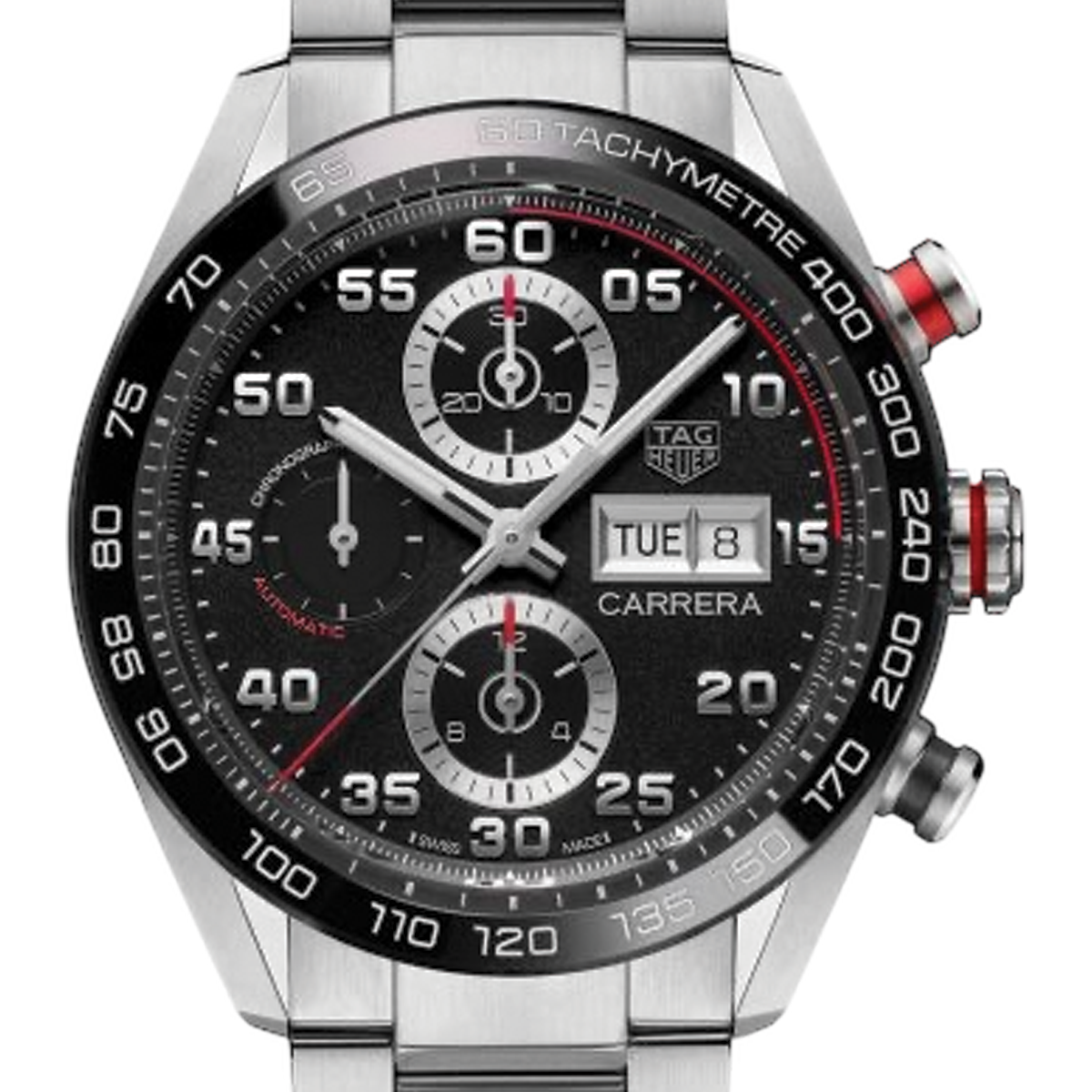 TAG Heuer Carrera chronograph watch with black dial, stainless steel case, and steel bracelet