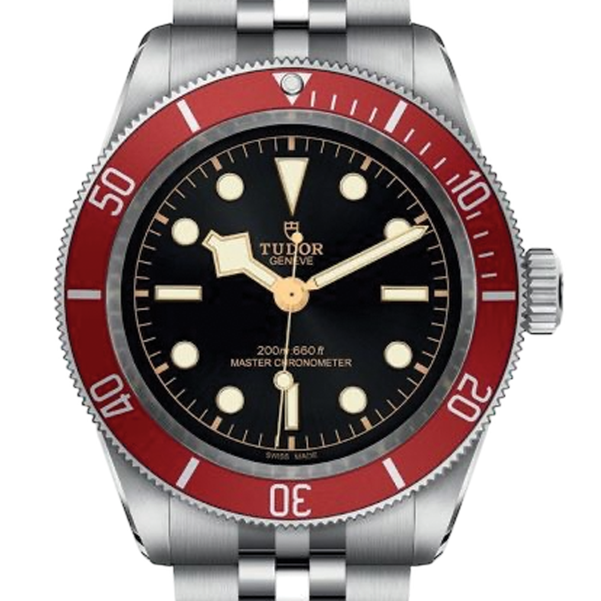 Tudor Black Bay diver watch with black dial, red bezel, and stainless steel bracelet